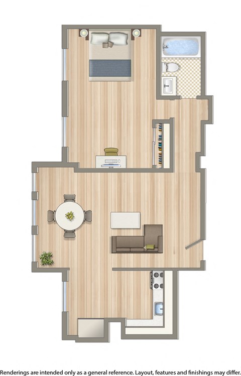 Floor plan for 1 bed, 1 bath, 670 sqft